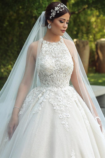 Trendy Ball Gown Halter Tulle Lace Applique Bridal Gowns TWA052