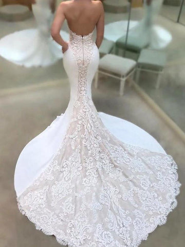 Trendy Strapless Lace Mermaid Open Back Bridal Gowns TWA061