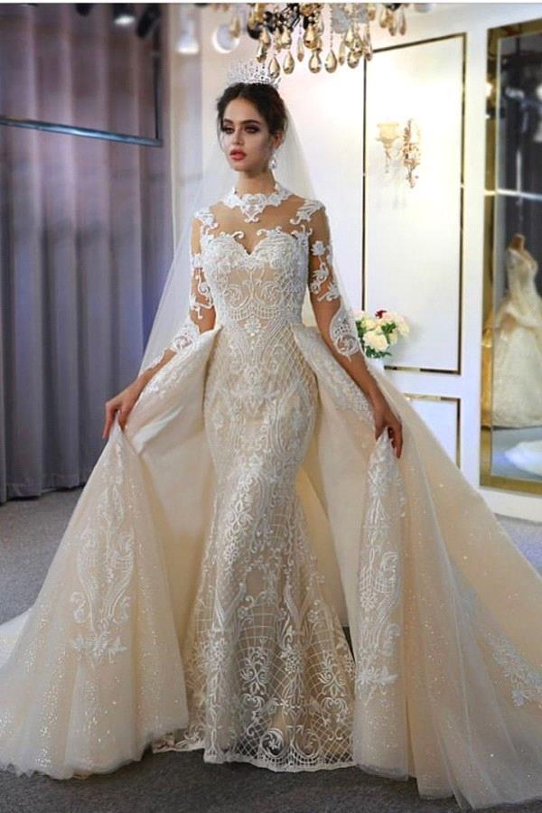 Trendy High Neck Mermaid Lace Ivory Overskirt Bridal Gowns TWA075