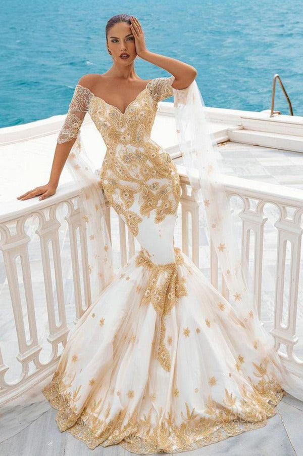 Mermaid Gold Appliques Half Sleeve Cape Bridal Gowns TWA079