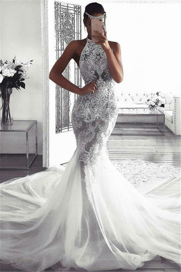 Trendy Halter Lace Modern Mermaid Bridal Gowns TWA084