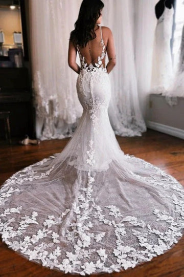 Trendy Spaghetti-Straps Mermaid Lace Bridal Gowns TWA101