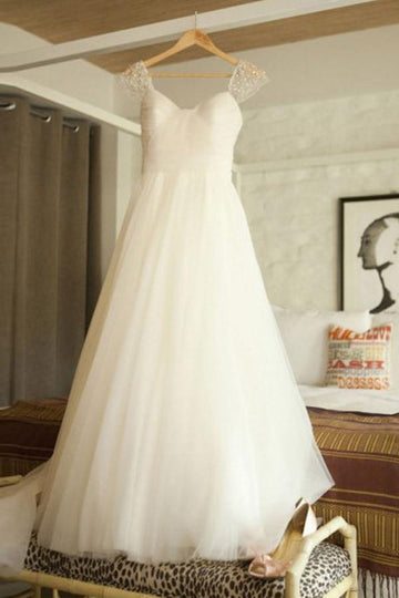 Cap Sleeves Sweep Train Beading Pleated Wedding Gown with Beading TWA1062