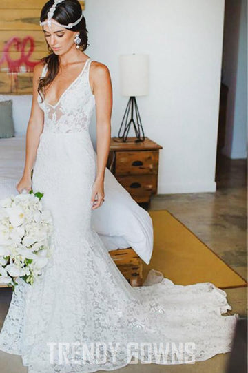 Mermaid Lace V-neck Court Train Beach Wedding Gown TWA1072