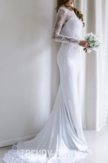 Trendy Lace Long Sleeves Mermaid White Wedding Gown with Train TWA1102