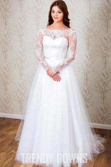 Trendy A-line Long Sleeves White Lace Wedding Gown Bridal Gowns TWA1122