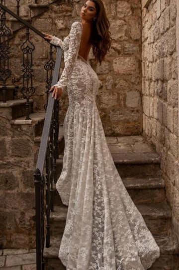 Trendy Long Sleeves Mermaid Lace Bridal Gowns TWA117