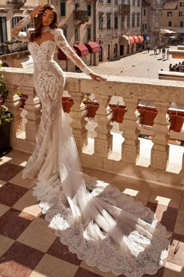 Trendy High Neck Long Sleeves Mermaid Lace Bridal Gowns TWA118