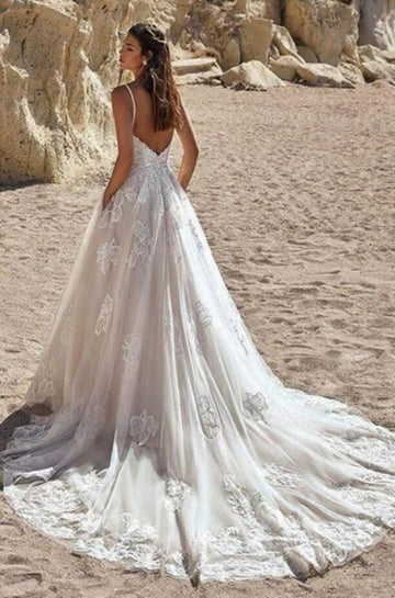 Trendy Spaghetti Straps A-line Lace Beach Wedding Gowns TWA121