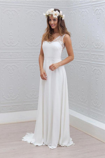 Trendy Bowknot Chiffon V-Neck Lace White Wedding Gown TWA1212