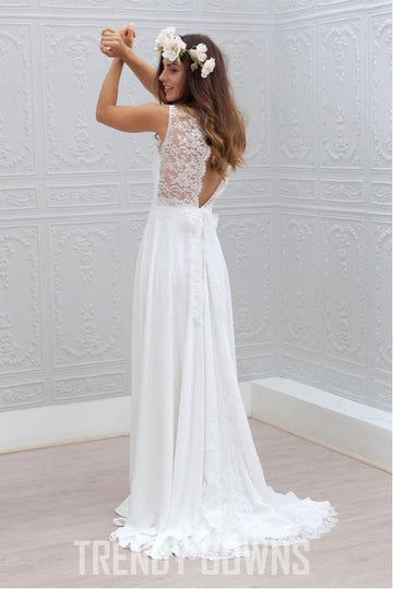 Trendy Bowknot Chiffon V-Neck Lace White Wedding Gown TWA1212