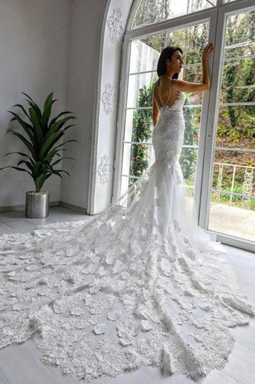 Trendy Spaghetti Straps Mermaid Chapel Train Wedding Gowns TWA125