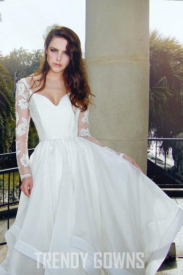 Trendy V Neck Long Sleeve Lace Organza Wedding Gown TWA1252