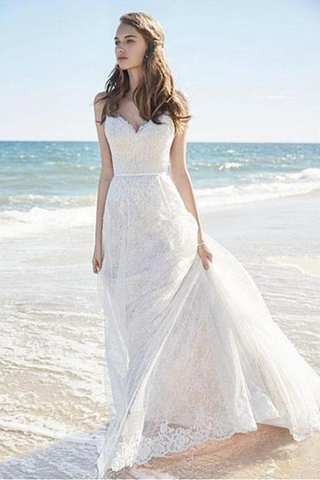 Trendy Lace Beach Spaghetti Straps Long Wedding Gown TWA1292