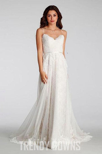 Trendy Lace Beach Spaghetti Straps Long Wedding Gown TWA1292