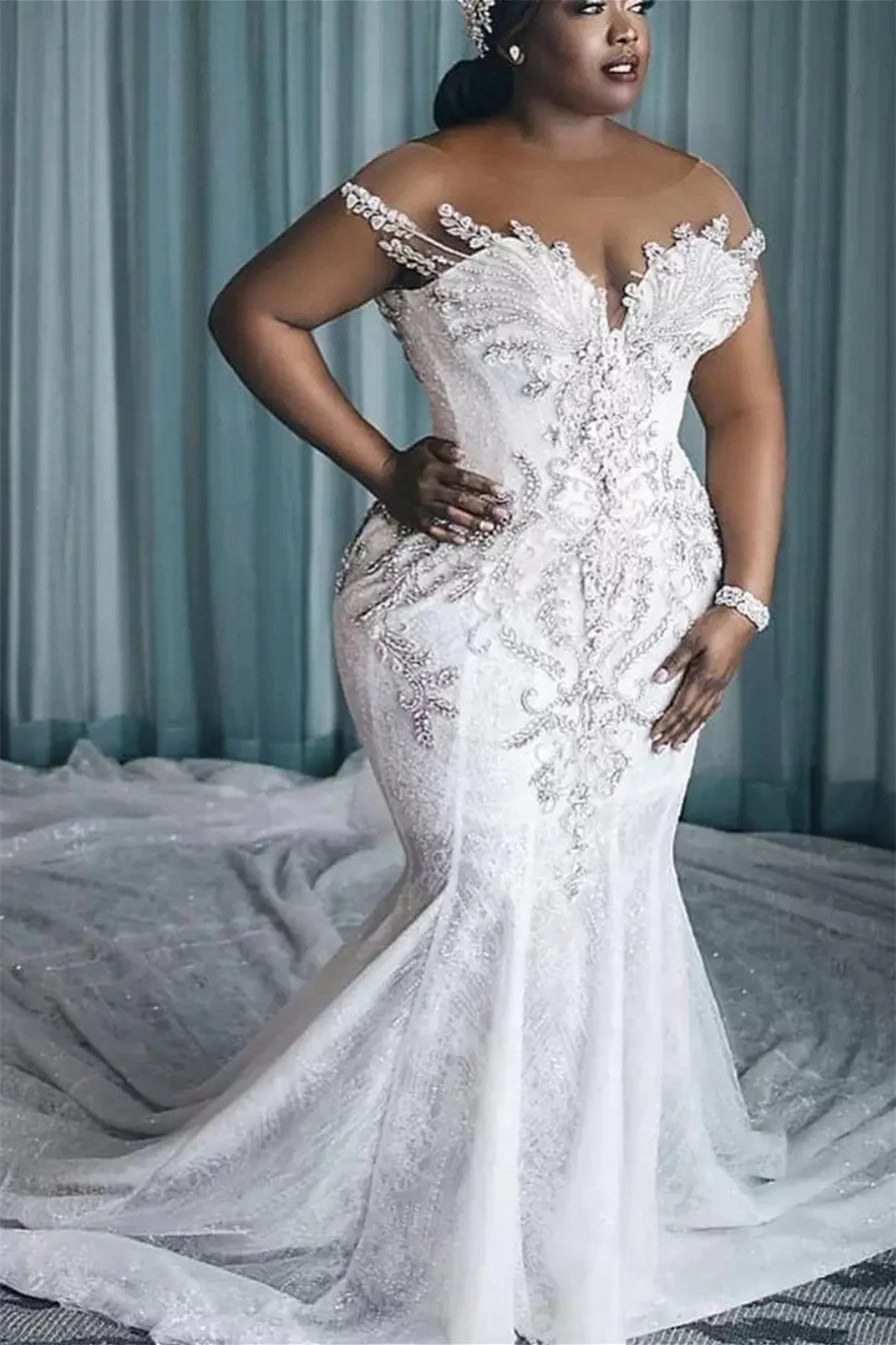 Trendy Plus Size African Appliques Lace Beading Wedding Gowns TWA137