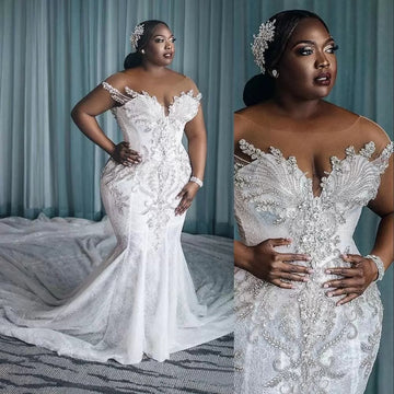 Trendy Plus Size African Appliques Lace Beading Wedding Gowns TWA137