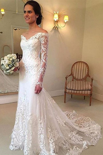 Off the Shoulder Long Sleeves Lace Wedding Gown TWA1372