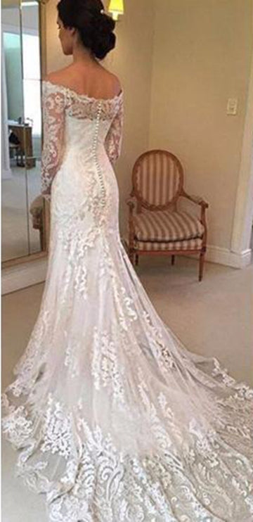 Off the Shoulder Long Sleeves Lace Wedding Gown TWA1372