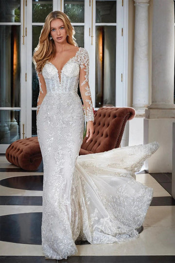 Trendy Lace Appliques Long Sleeve Mermaid Wedding Gowns TWA138