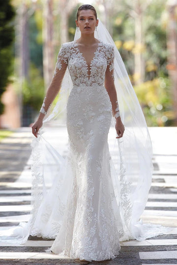 Trendy V-neck Lace Appliques Long Sleeve Mermaid Wedding Gowns TWA139