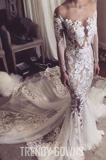 Illusion Neckline Lace Appliques Mermaid Long Sleeves Wedding Gown TWA1392