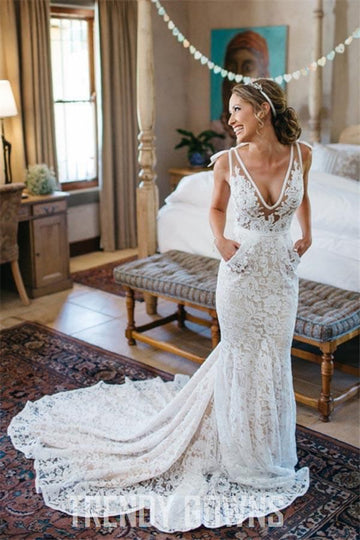 V-Neck Ruched Lace Mermaid Wedding Gown with Court Train TWA1412