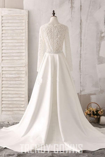 Ivory Lace Satin V-neck Long Sleeve Beaded Wedding Gown TWA1442