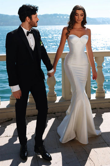 Trendy Spaghetti Strap Satin Mermaid Wedding Gowns TWA146