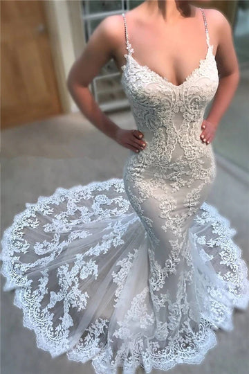 Trendy Spaghetti Straps Lace Applique Mermaid Wedding Gowns TWA148