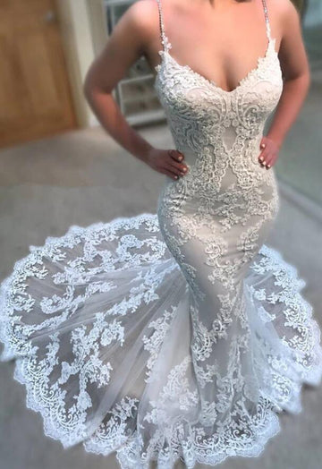 Trendy Spaghetti Straps Lace Applique Mermaid Wedding Gowns TWA148