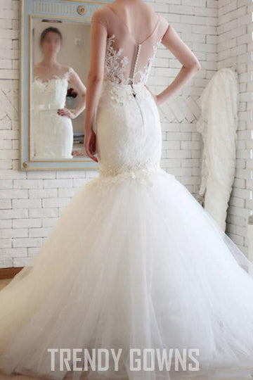 Trendy Sheer Back Tulle Lace Mermaid Wedding Gown TWA1482