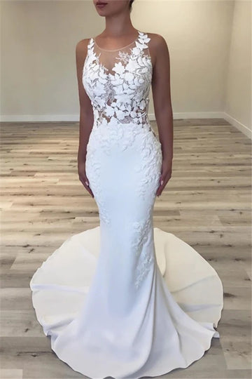 Trendy Lace Applique Sweep Train Mermaid Wedding Gowns TWA149