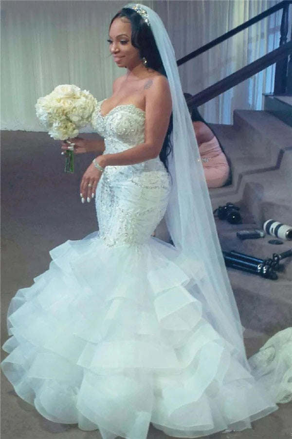 Trendy Plus Size Sweetheart Appliques Lace Ruffled Layered Mermaid Wedding Gown TWA159