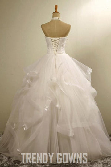 Halter Neck Lace-Up Ball Gown Beaded Lace Wedding Gown TWA1712