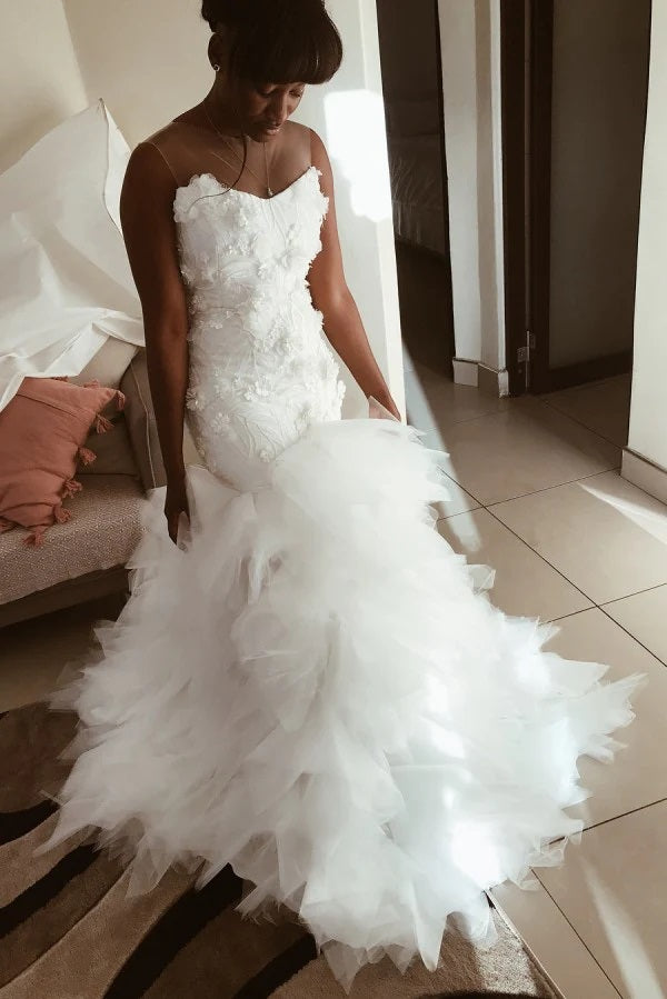 Trendy Ruffles Lace Tulle Mermaid Wedding Gown TWA175