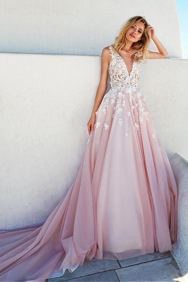 Trendy Pink Tulle A-Line Wedding Gown TWA1892