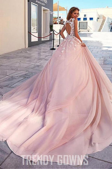 Trendy Pink Tulle A-Line Wedding Gown TWA1892