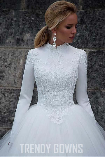 Trendy High Collar Long Sleeve Ball Gown Wedding Gown TWA1902