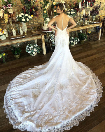 Trendy Cap Sleeve Lace Mermaid Wedding Gown TWA193