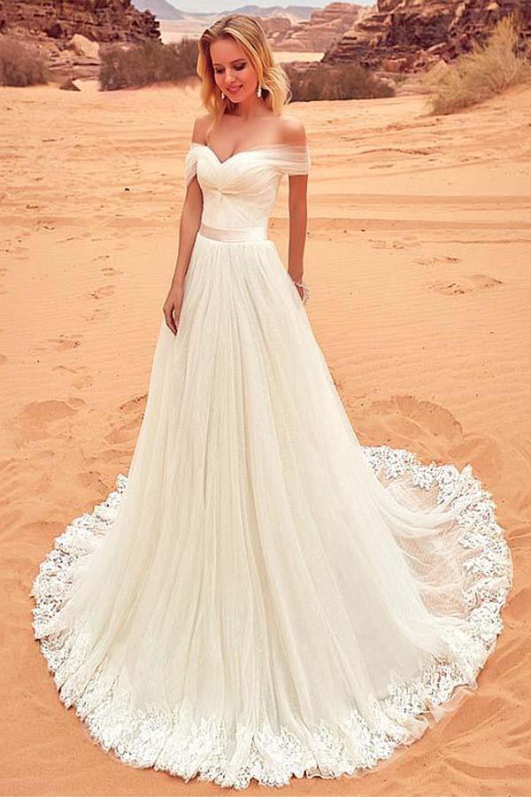 Tulle Off-the-shoulder Lace Appliques Wedding Gown TWA2012