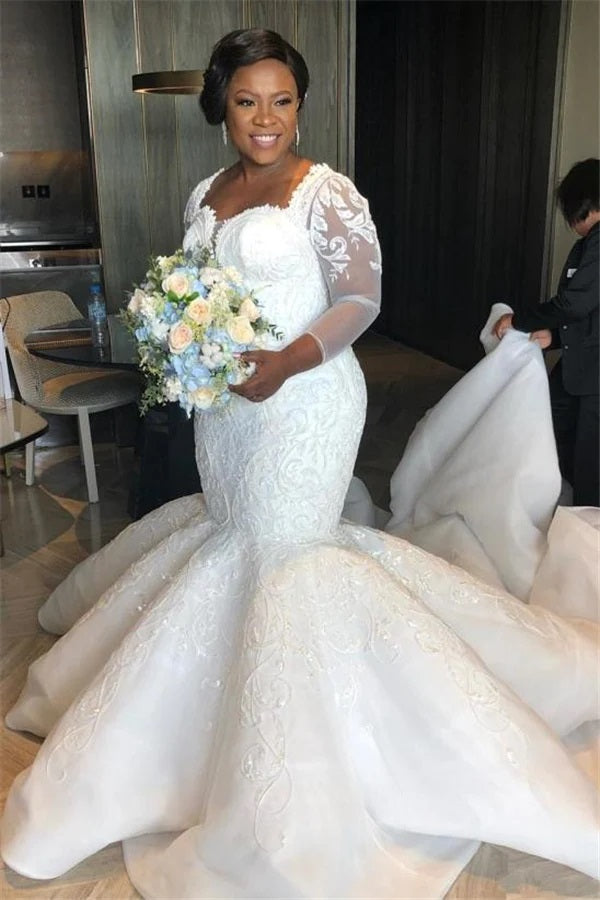 Trendy Plus Size Long Sleeve Lace Mermaid Wedding Gown TWA207