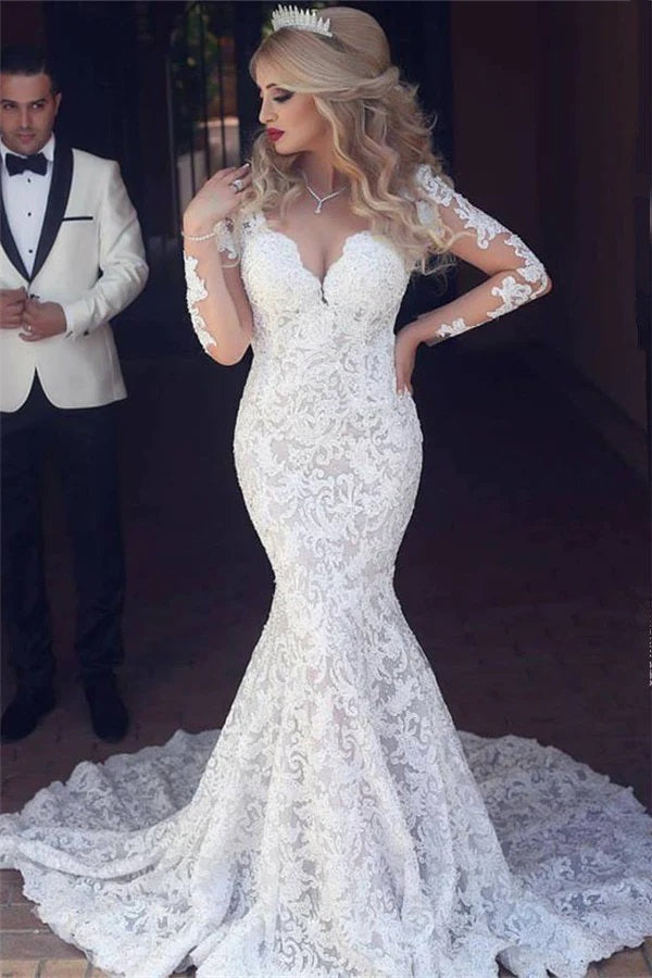 Trendy Long Sleeve V-neck Lace Mermaid Wedding Gown TWA211