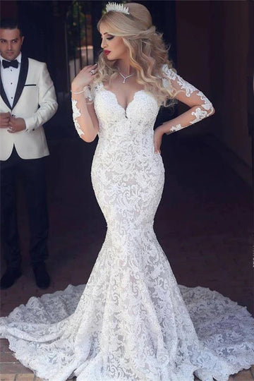 Trendy Long Sleeve V-neck Lace Mermaid Wedding Gown TWA211