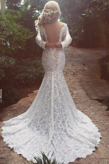 Trendy Long Sleeve V-neck Lace Mermaid Wedding Gown TWA211