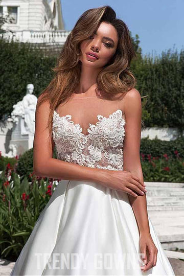 Satin A-line Wedding Gown With Pockets Lace Appliques TWA2172