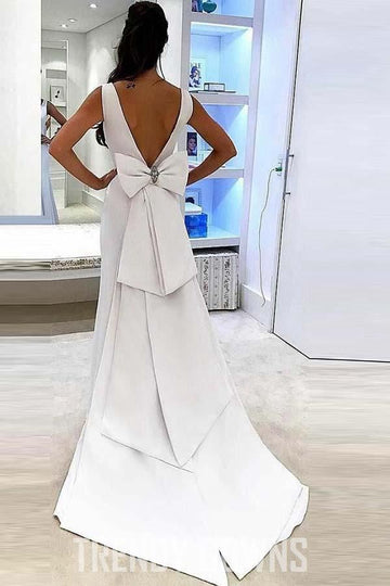 Mermaid Deep V-Neck Sweep Trian White Satin Wedding Gown TWA2192