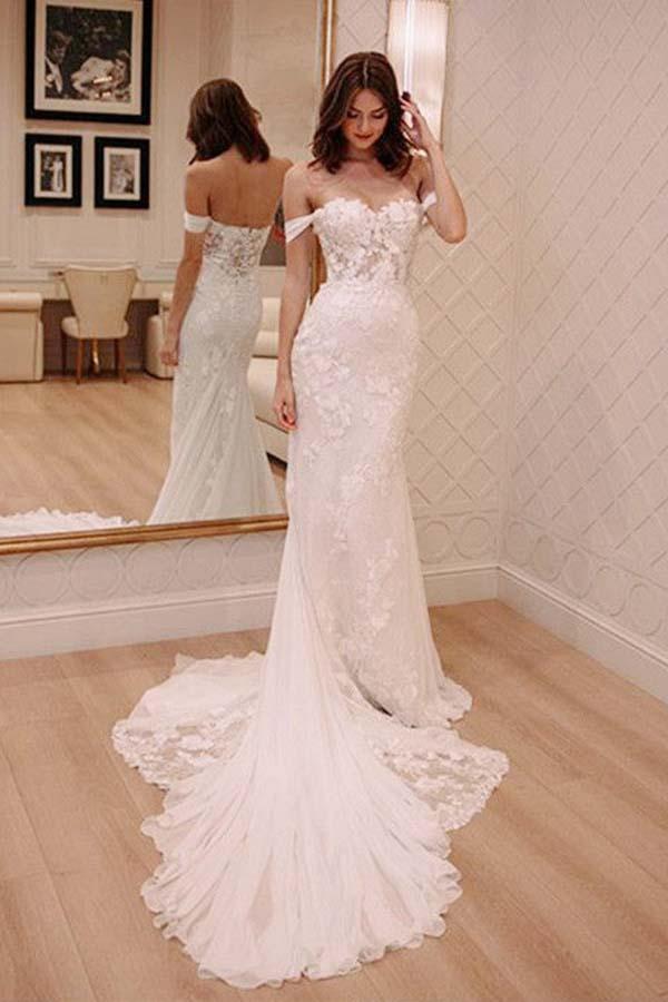 Off Shoulder Court Train Lace Appliques Chiffon Wedding Gown TWA2202