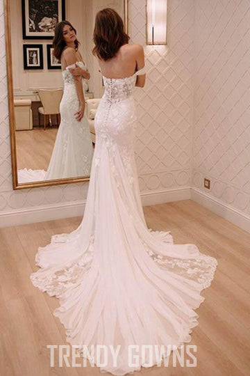 Off Shoulder Court Train Lace Appliques Chiffon Wedding Gown TWA2202