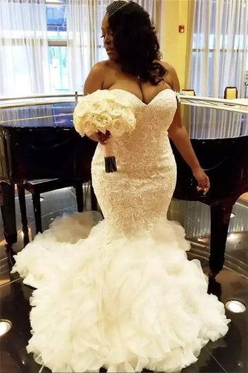 Trendy Plus Size Sweetheart Ruffles Lace Mermaid Wedding Gown TWA223